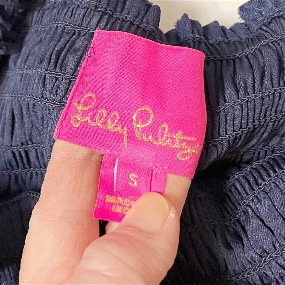Lilly Pulitzer Hadley Smocked Maxi  Dress Small Navy Blue Paisley Preppy Tiered - Picture 9 of 12
